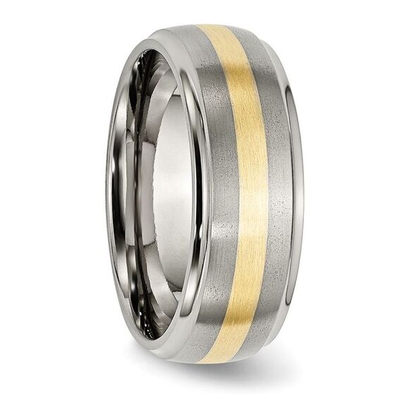 Kazi Luxury Titanium Brushed Center 14k Yellow Gold Inlay 8mm Ridged Edge B&